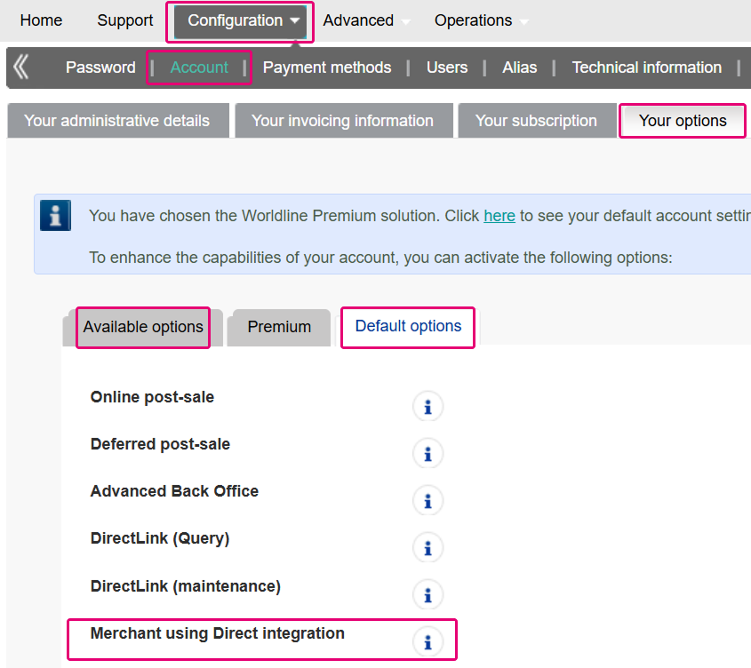 The screenshot shows where to find the "DIR (Merchant using Direct integration)" in the legacy Back Office.