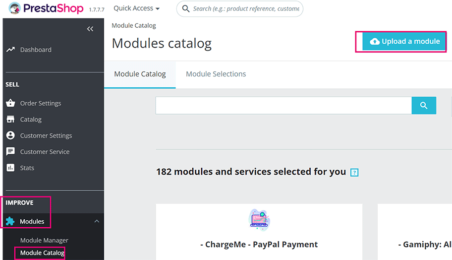 The image above shows PrestaShop's Module Catalog screen with the "Upload a module" button highlighted.