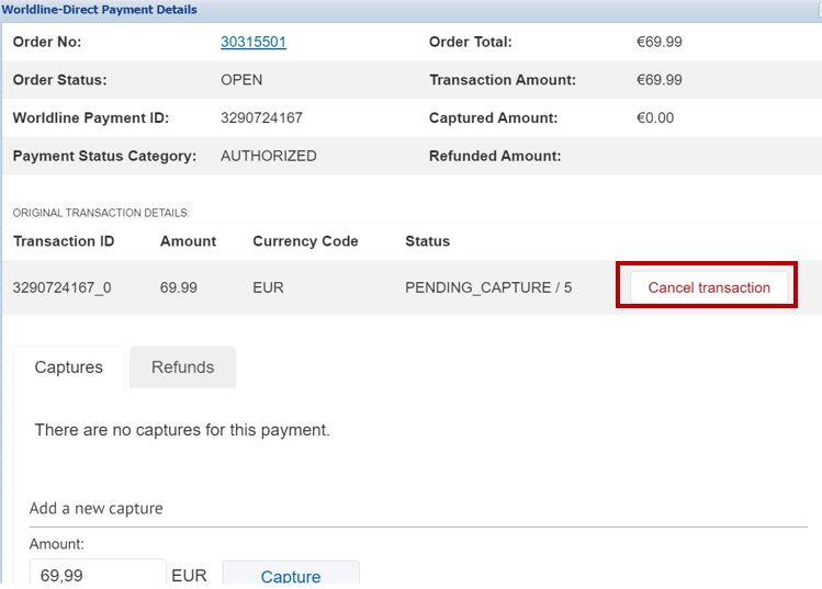 The image displays the Worldline-Direct Payment Details screen showing a pending transaction with an option to cancel it by clicking the "Cancel transaction" button.
