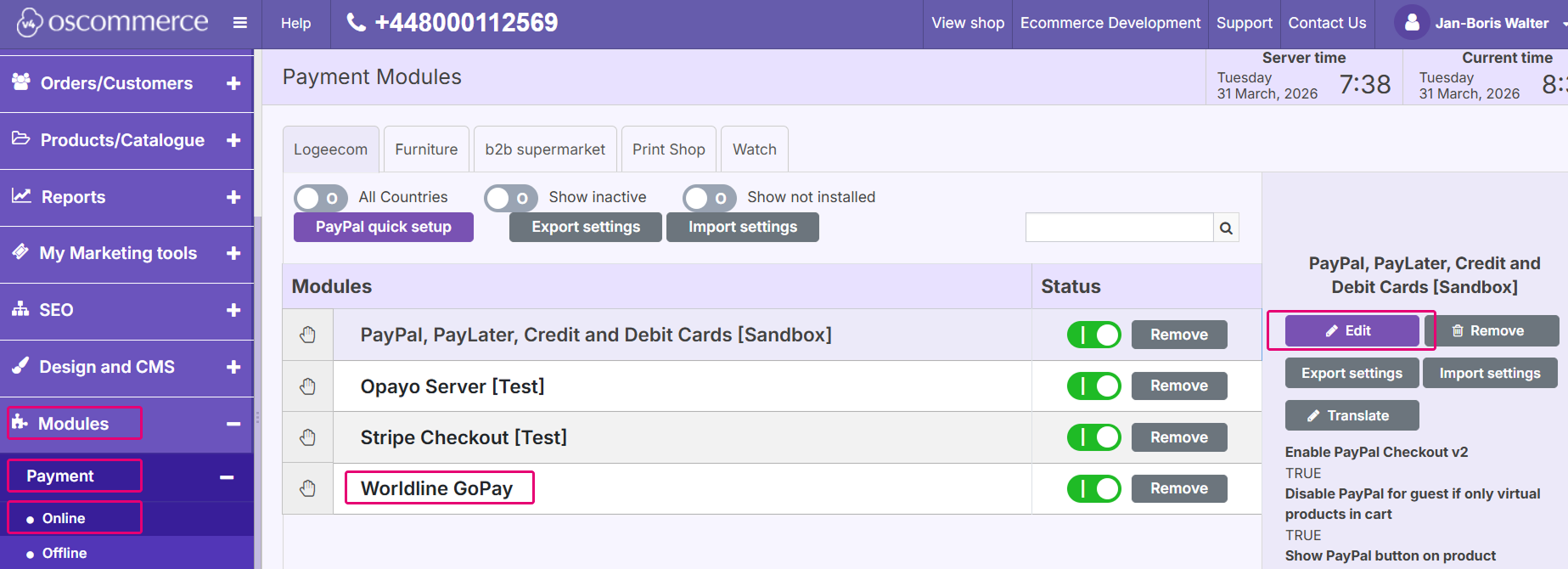 Screenshot of the osCommerce back office showing the Edit option visible to access the basic settings.