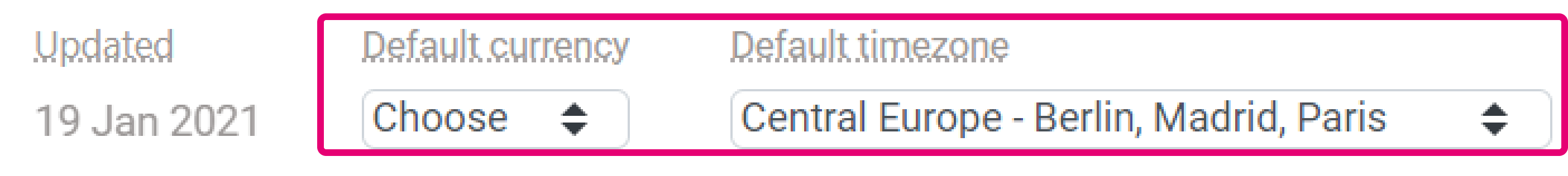 The image above shows dropdowns for setting default currency and timezone in the MyPerformance interface.