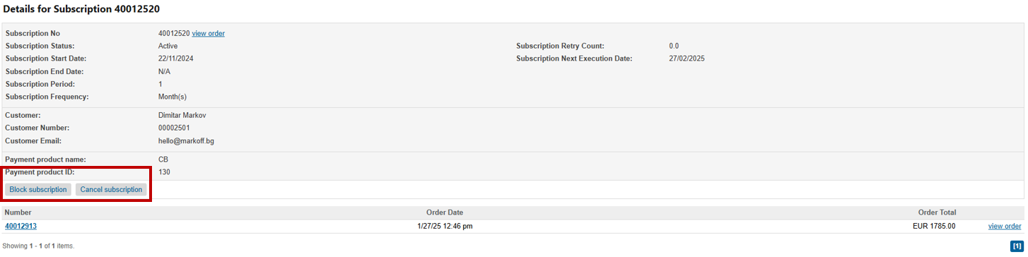 The image shows the subscription details page in the Worldline-Direct Subscriptions module, highlighting the options to block or cancel a subscription.