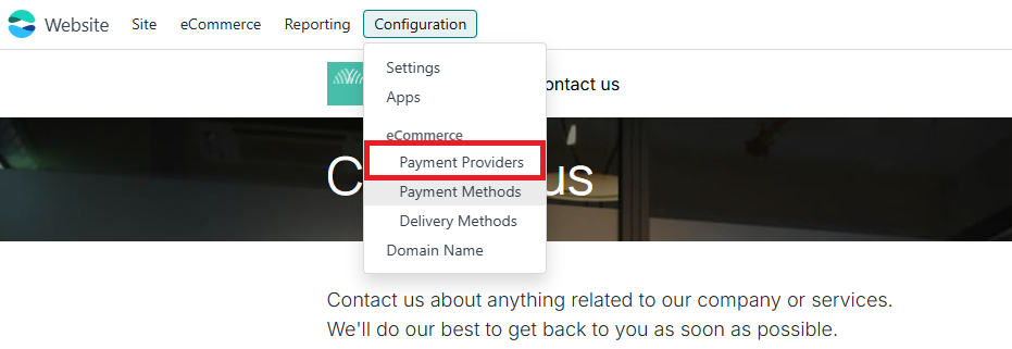 The image displays the Odoo interface with a dropdown menu under “Configuration,” highlighting the “Payment Providers” option, used to enable the Worldline plugin.