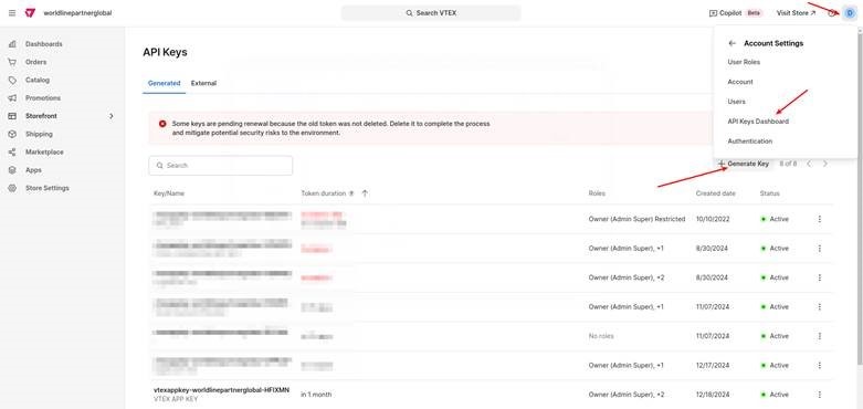 The image above shows the VTEX API Keys Dashboard with a dropdown menu highlighting the path to generate a new API key.