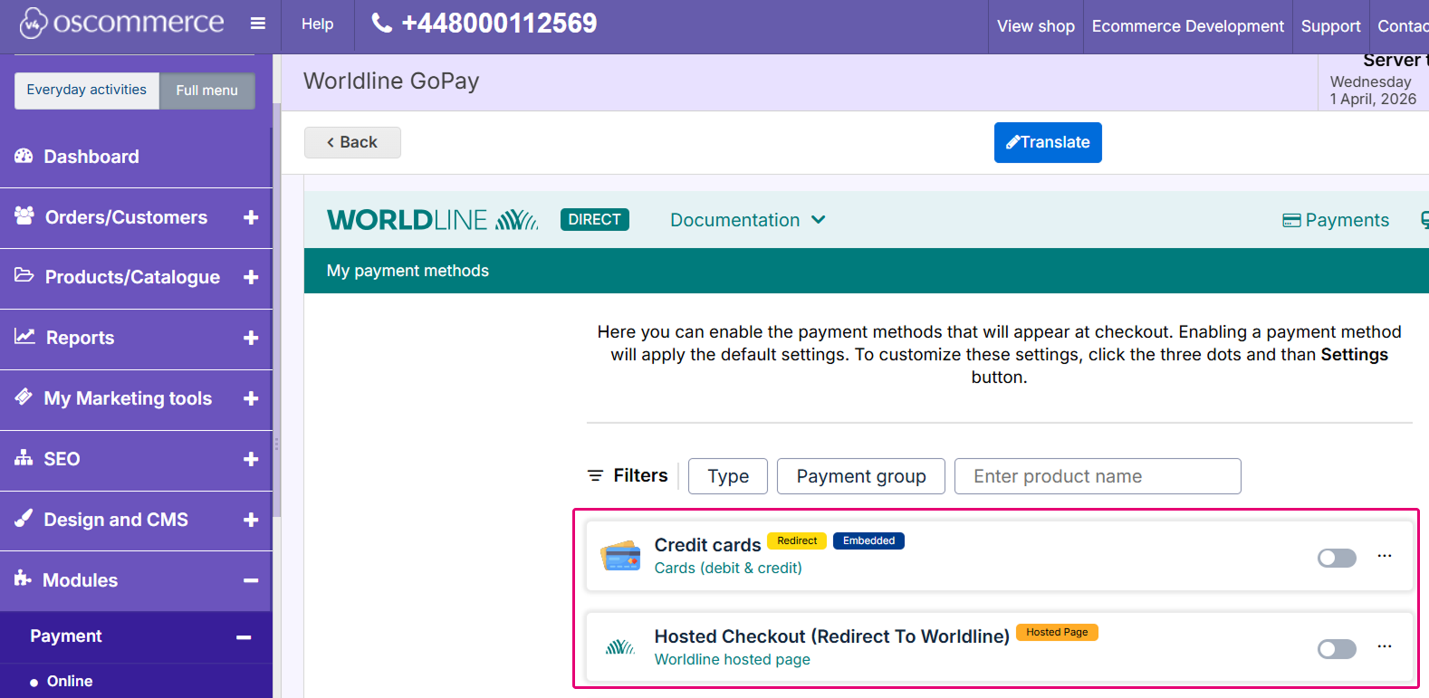 Capture d&rsquo;&eacute;cran du Back Office osCommerce indiquant l&rsquo;emplacement de configuration des moyens de paiement.