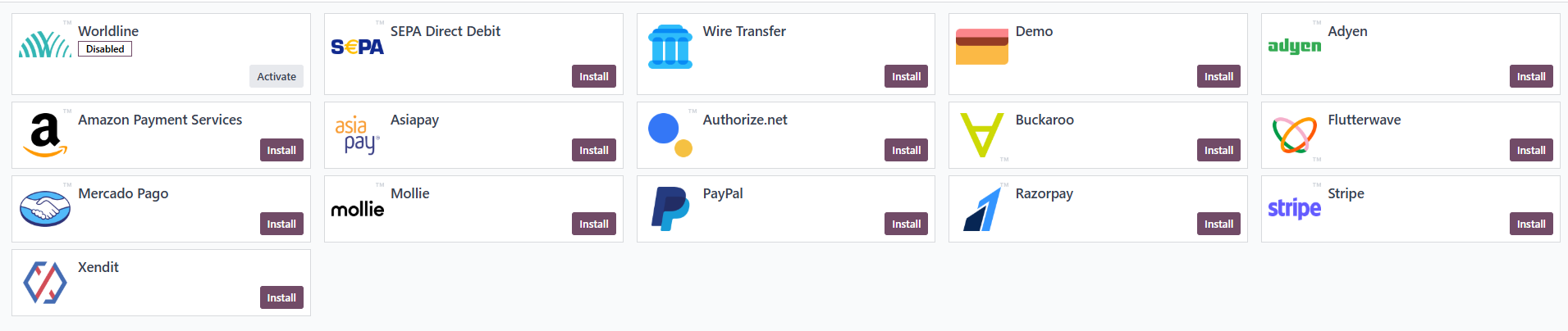 The image shows a grid of payment provider options in Odoo, including Worldline, PayPal, Stripe, Adyen, and others. The Worldline option is marked as "Active," indicating it has already been enabled.