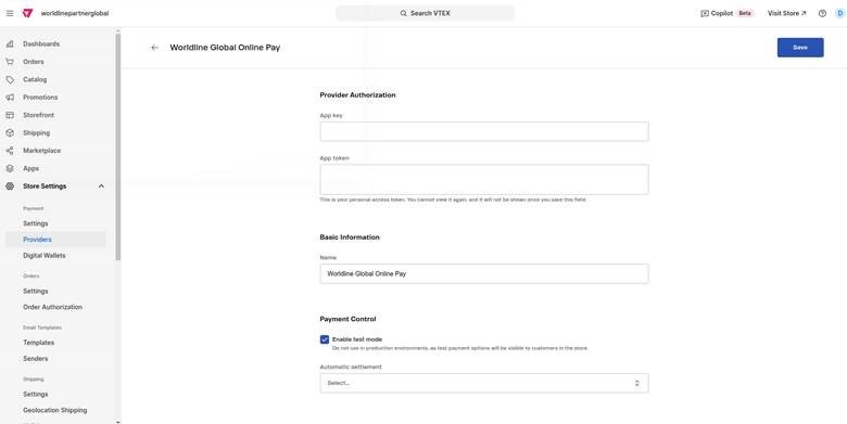 The image above shows the VTEX admin interface for configuring Worldline Global Online Pay, including fields for API keys and payment settings.