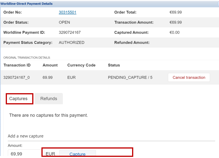 The image above shows the "Capture" tab in the Worldline-Direct Payment Details section, where users can manually capture an authorised transaction by entering the amount and clicking the "Capture" link.