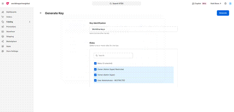 The image above shows the VTEX interface for generating an API key, with fields for key identification and role selection.