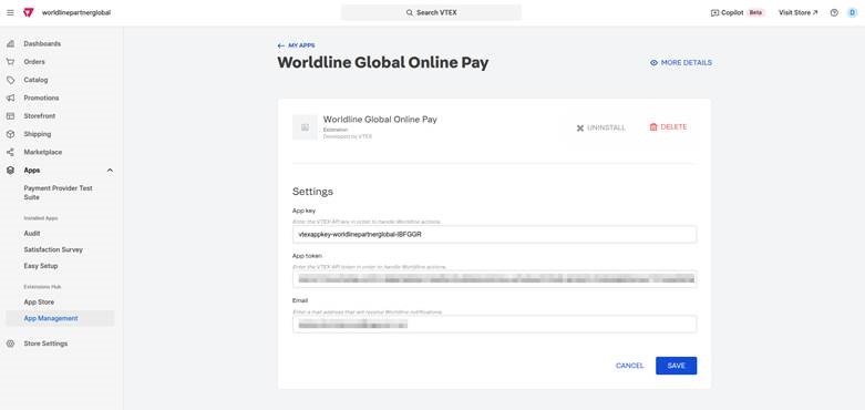 The image above shows the VTEX App Management screen for Worldline Global Online Pay, with fields for App key, token, and email configuration.