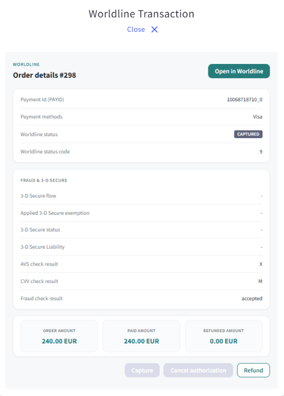 The image above shows detailed payment information for a Visa transaction, including order status, amount, and 3DS result.