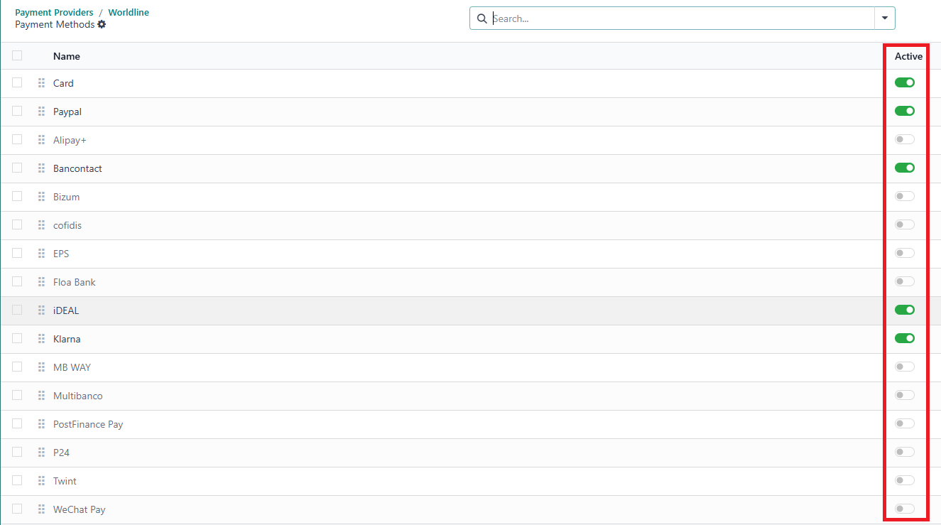 The image displays a list of payment methods in the Odoo interface under "Payment Providers > Worldline". Each method has a toggle switch in the "Active" column to enable or disable it for the checkout page.