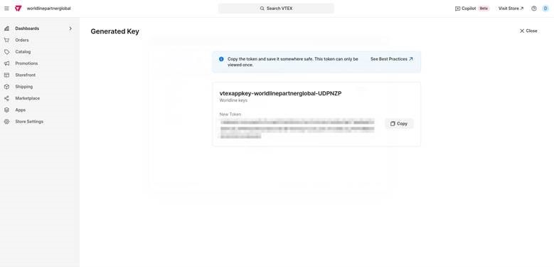 The image above shows the VTEX interface displaying a newly generated API key and token