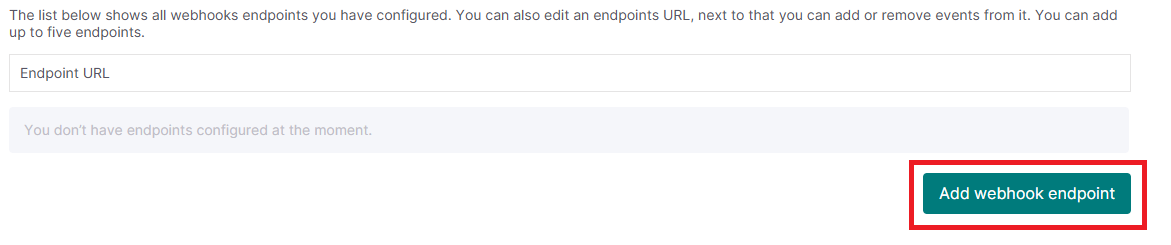 The image displays the Webhooks section in the Worldline Merchant Portal, where users can add a webhook endpoint. The button "Add webhook endpoint" is highlighted in green and located at the bottom right of the interface.